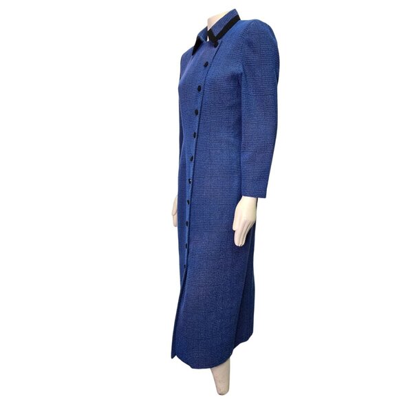 Vintage 1980s Blue Tweed Long Coat Dress Asymmetrical Button Front Retro Structu - Picture 3 of 12